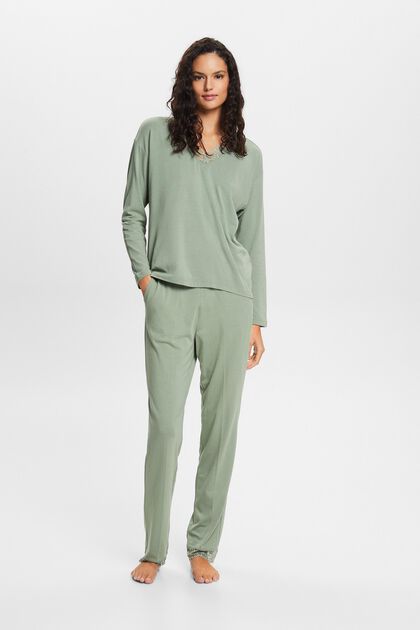 Pyjama femme / tenue d'intérieur en coton imprimé vert et rose et